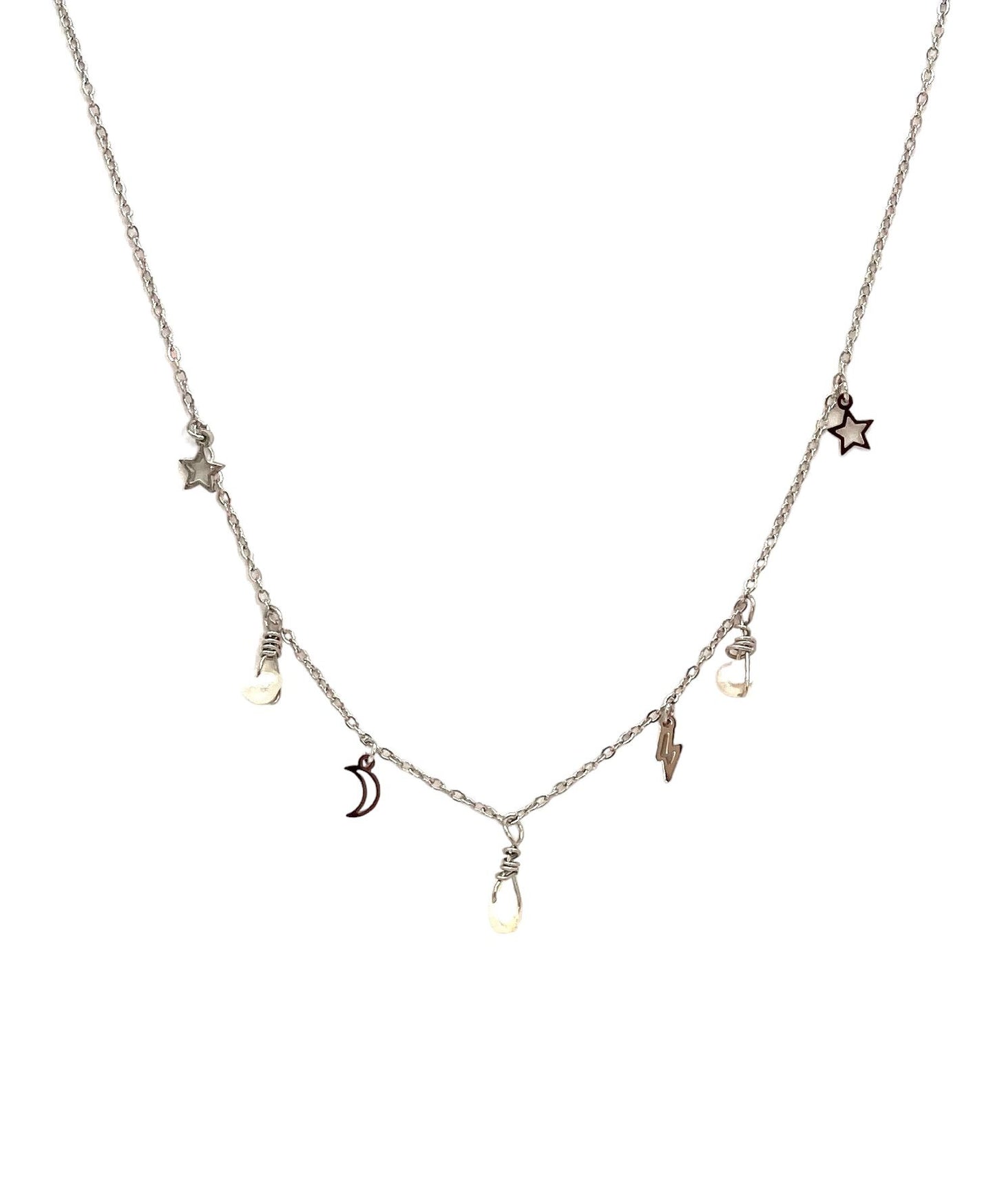 collar acero inoxidable para mujer con forma de estrella rayo luna y perla blanca
