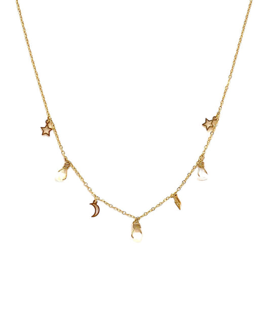 collar acero inoxidable para mujer con forma de estrella rayo luna y perla blanca