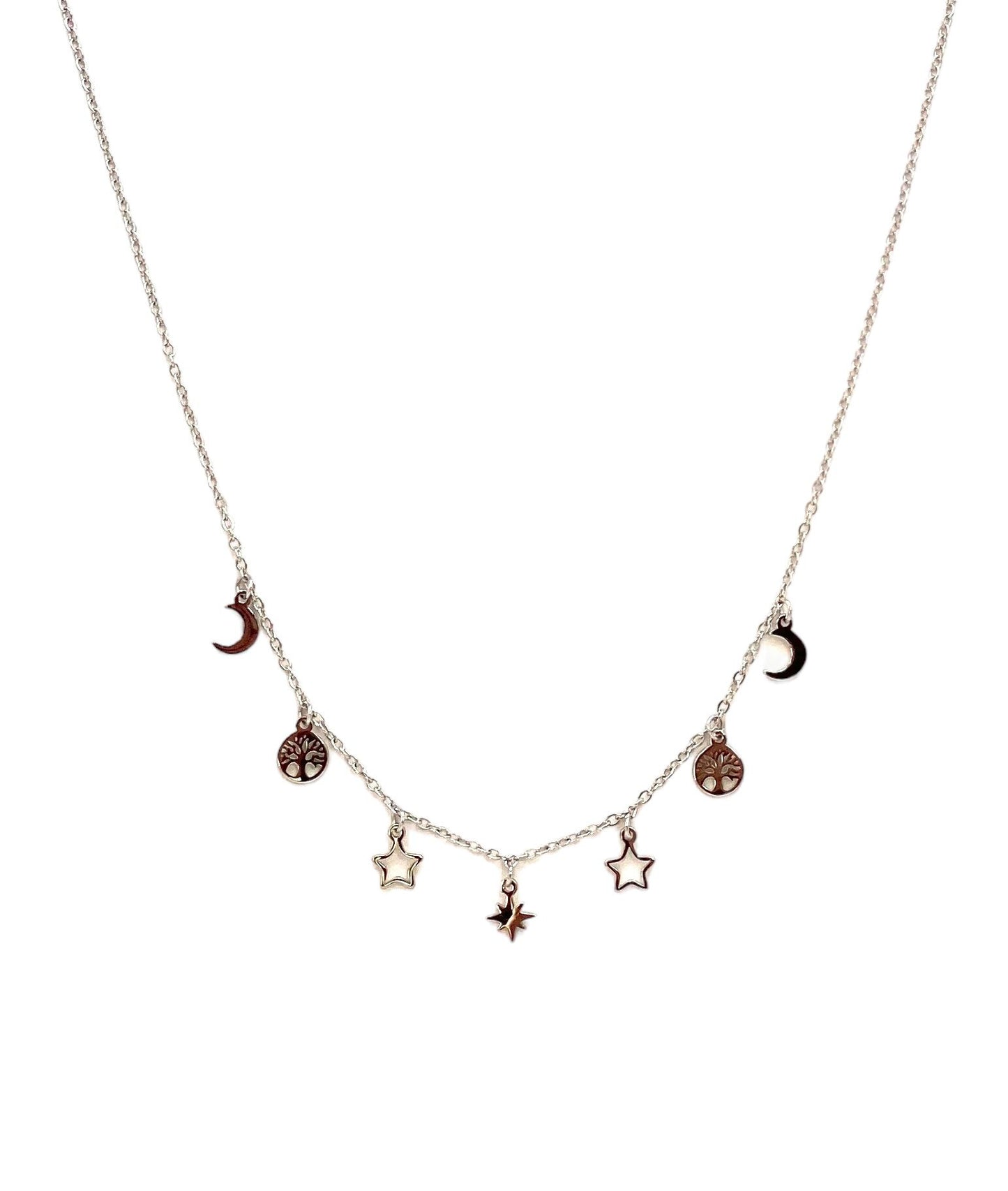 collar acero inoxidable para mujer con forma de luna estrella y árbol de la vida