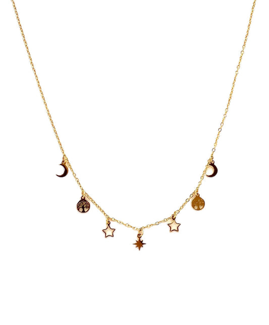 collar acero inoxidable para mujer con forma de luna estrella y árbol de la vida