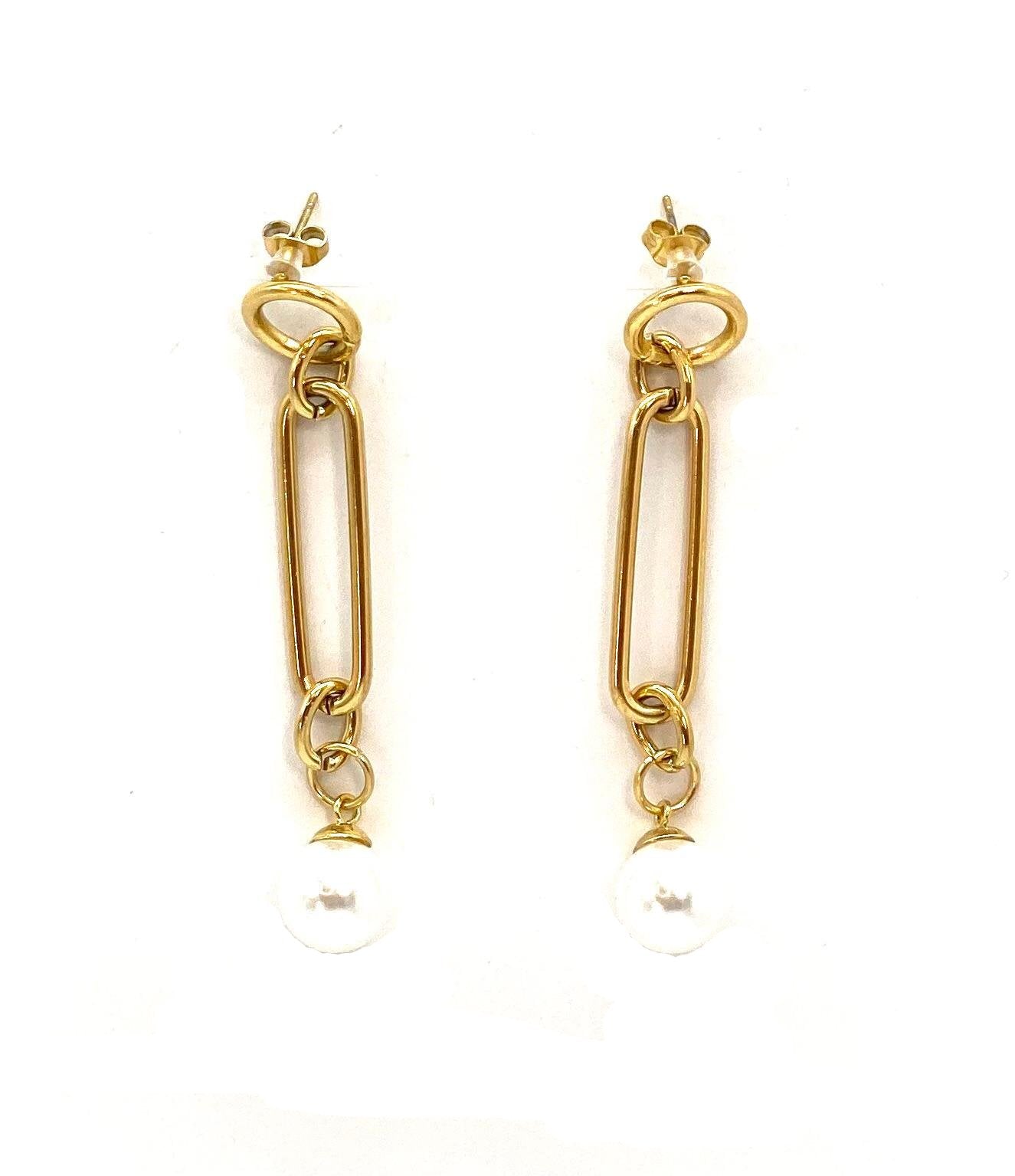 pendientes acero inoxidable para mujer con forma de cadena con perla blanca