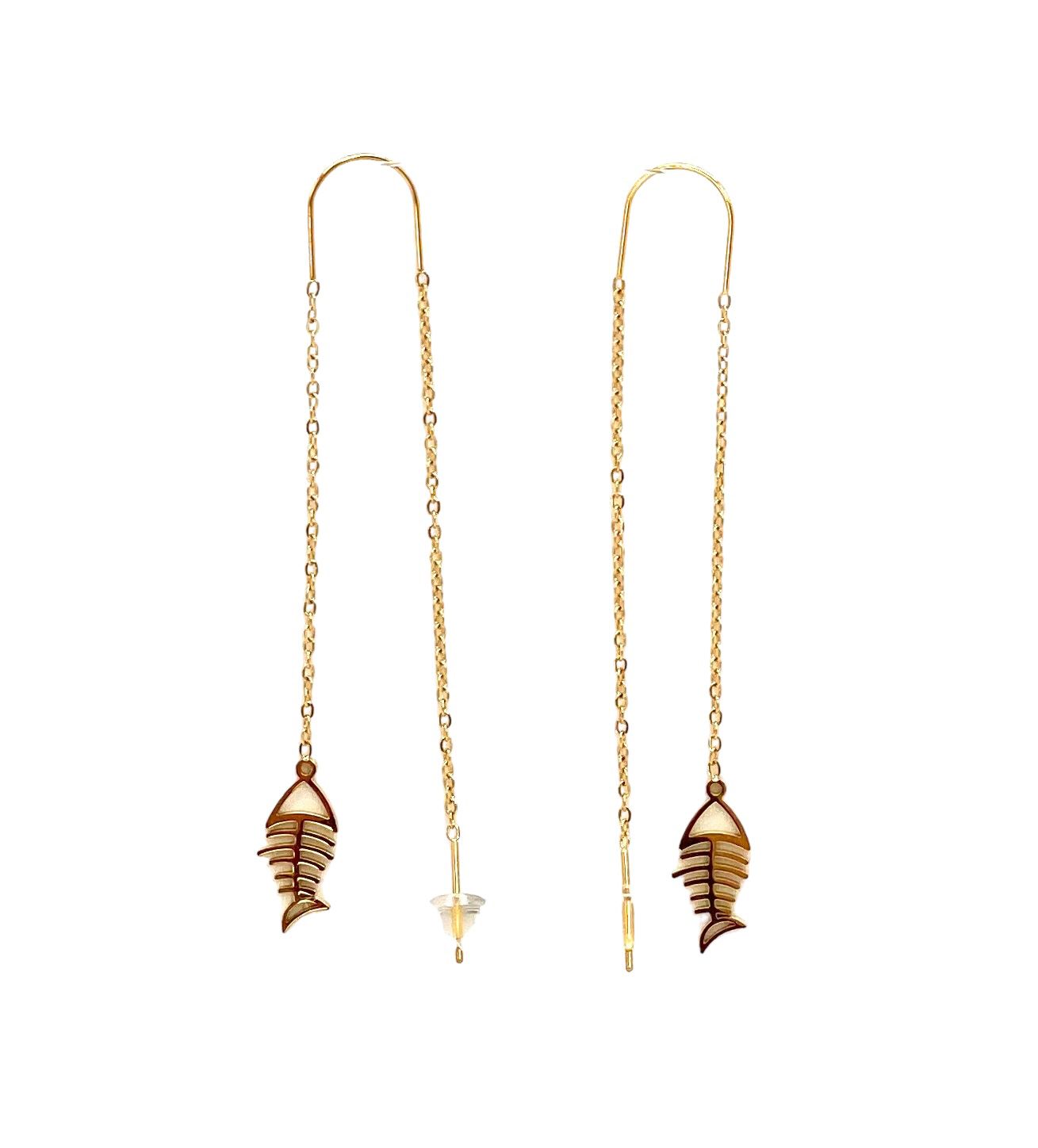 pendientes acero inoxidable para mujer con forma de hueso de pez con cadena